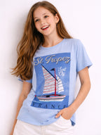 Girls St. Tropez France Graphic Embellished T-Shirt (Light Blue- Relaxed Fit)