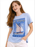 Girls St. Tropez France Graphic Embellished T-Shirt (Light Blue- Relaxed Fit)