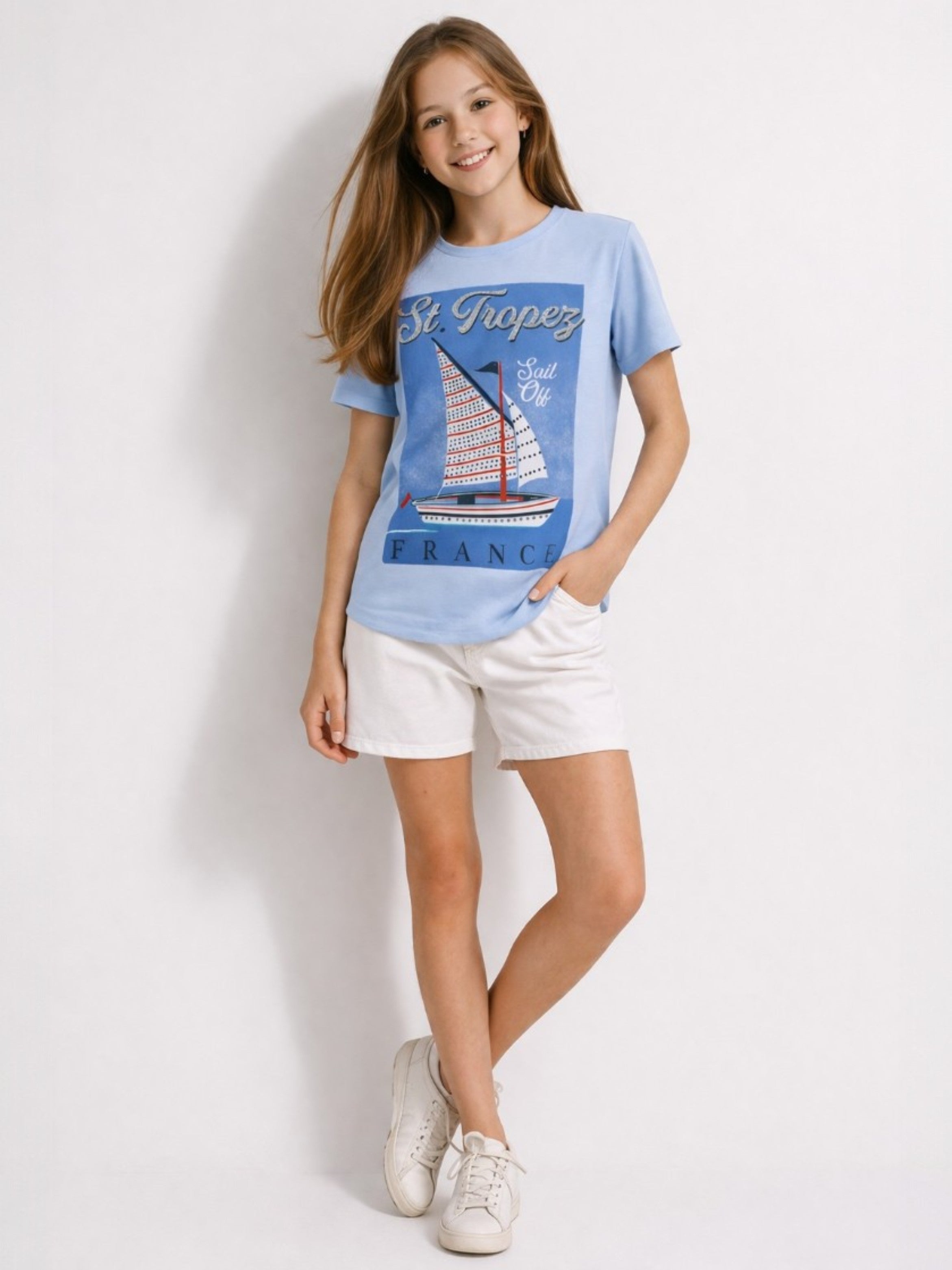 Girls St. Tropez France Graphic Embellished T-Shirt (Light Blue- Relaxed Fit)
