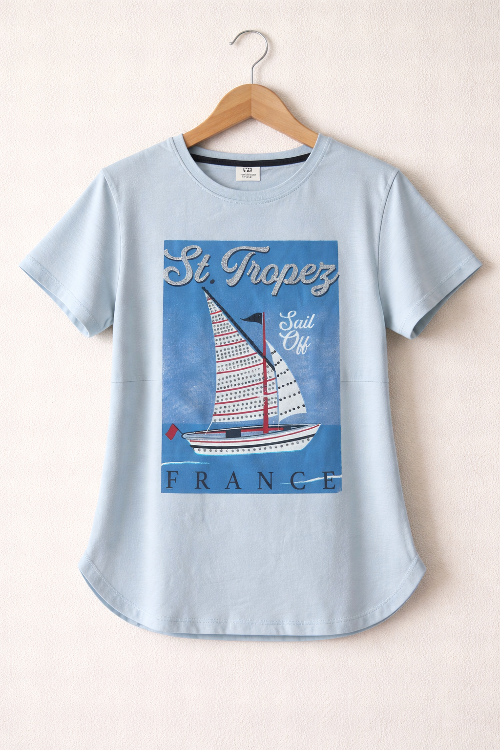 Girls St. Tropez France Graphic Embellished T-Shirt (Light Blue- Relaxed Fit)