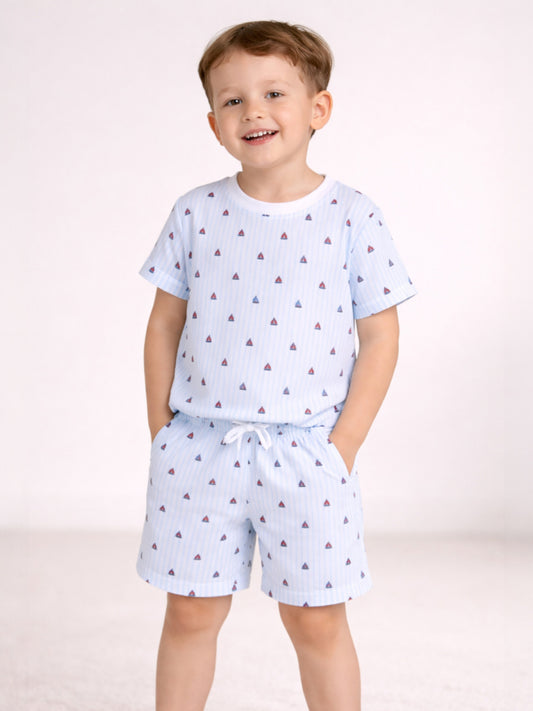 Infant Boys Sporty Print Cotton Pajama Set – Striped T-Shirt & Shorts Nightwear