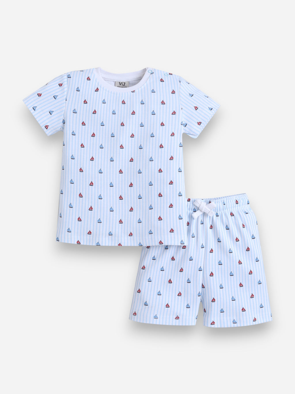 Infant Boys Sailboats Print Cotton Pajama Set “ Striped T-Shirt & Shorts Nightwear
