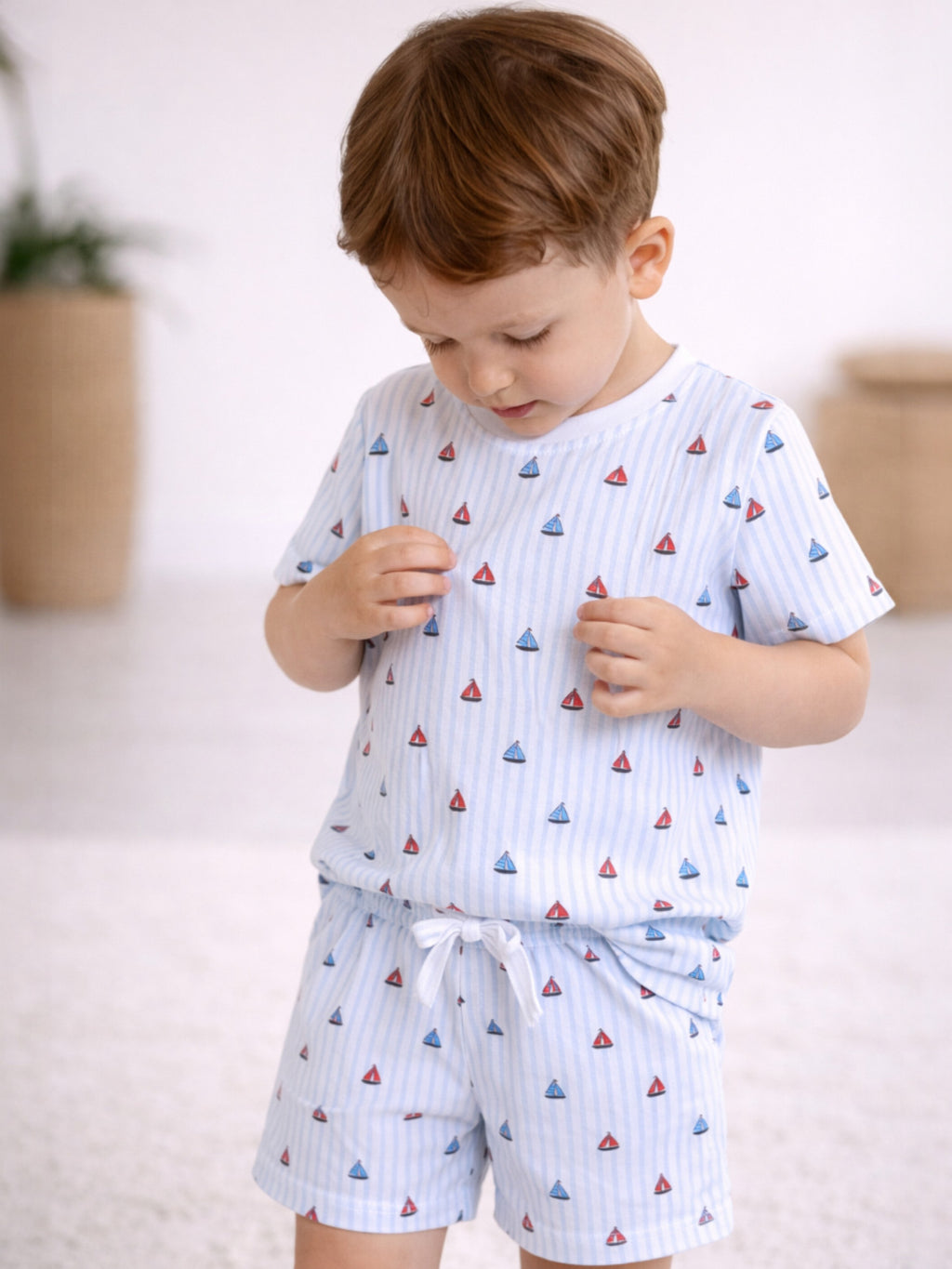 Infant Boys Sailboats Print Cotton Pajama Set “ Striped T-Shirt & Shorts Nightwear