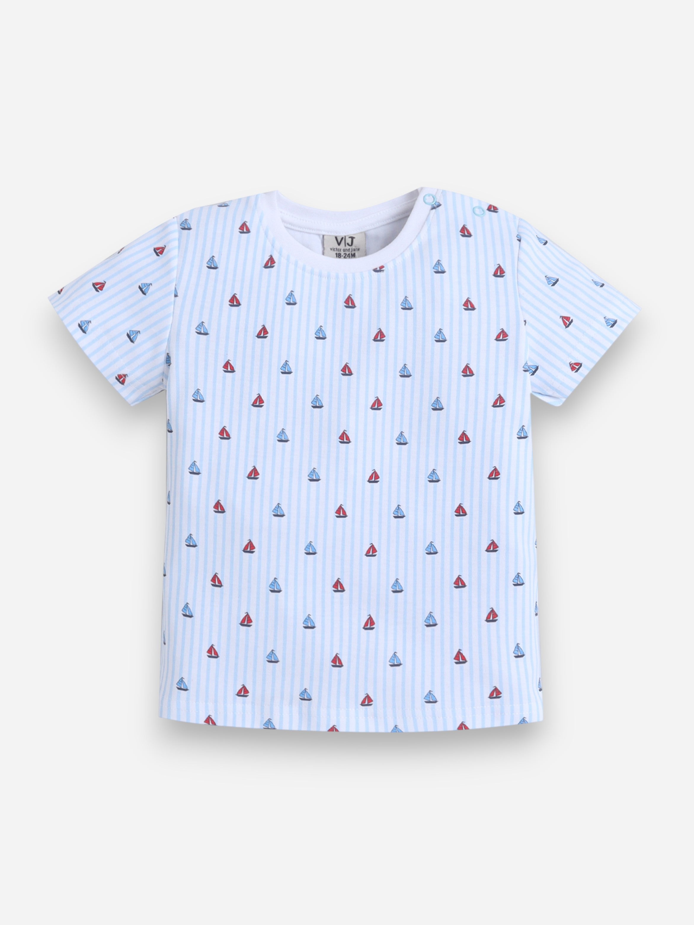 Infant Boys Sailboats Print Cotton Pajama Set “ Striped T-Shirt & Shorts Nightwear