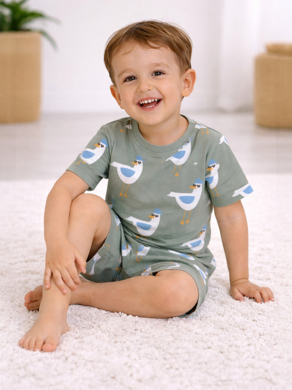 Infant Boys Bird Print Cotton Pajama Set “ Soft T-Shirt & Shorts Nightwear