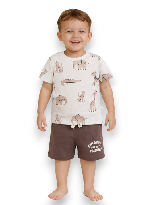Infant Boys Safari Animal Print Cotton Pajama Set – T-Shirt & Shorts Nightwear