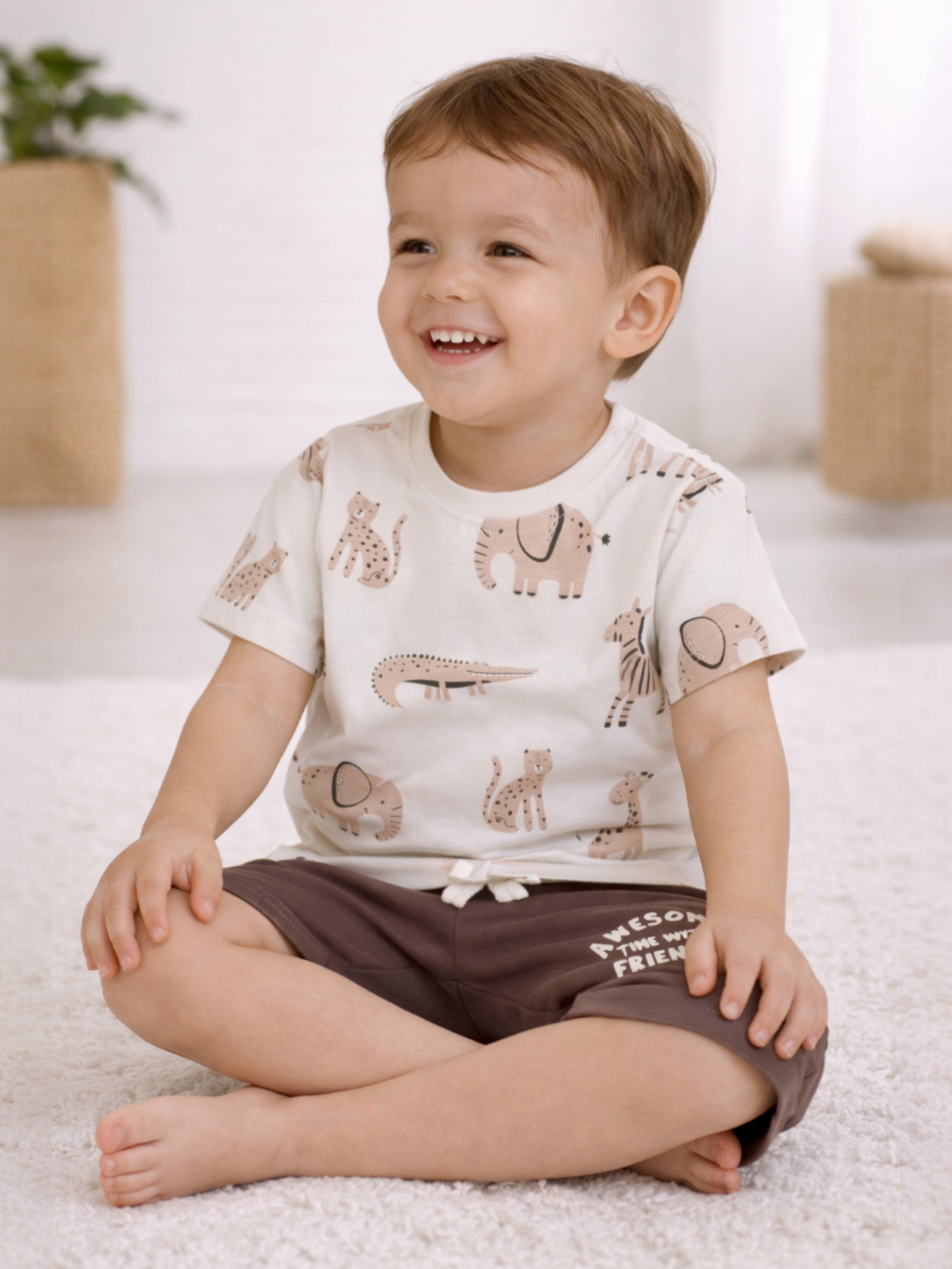 Infant Boys Safari Animal Print Cotton Pajama Set “ T-Shirt & Shorts Nightwear