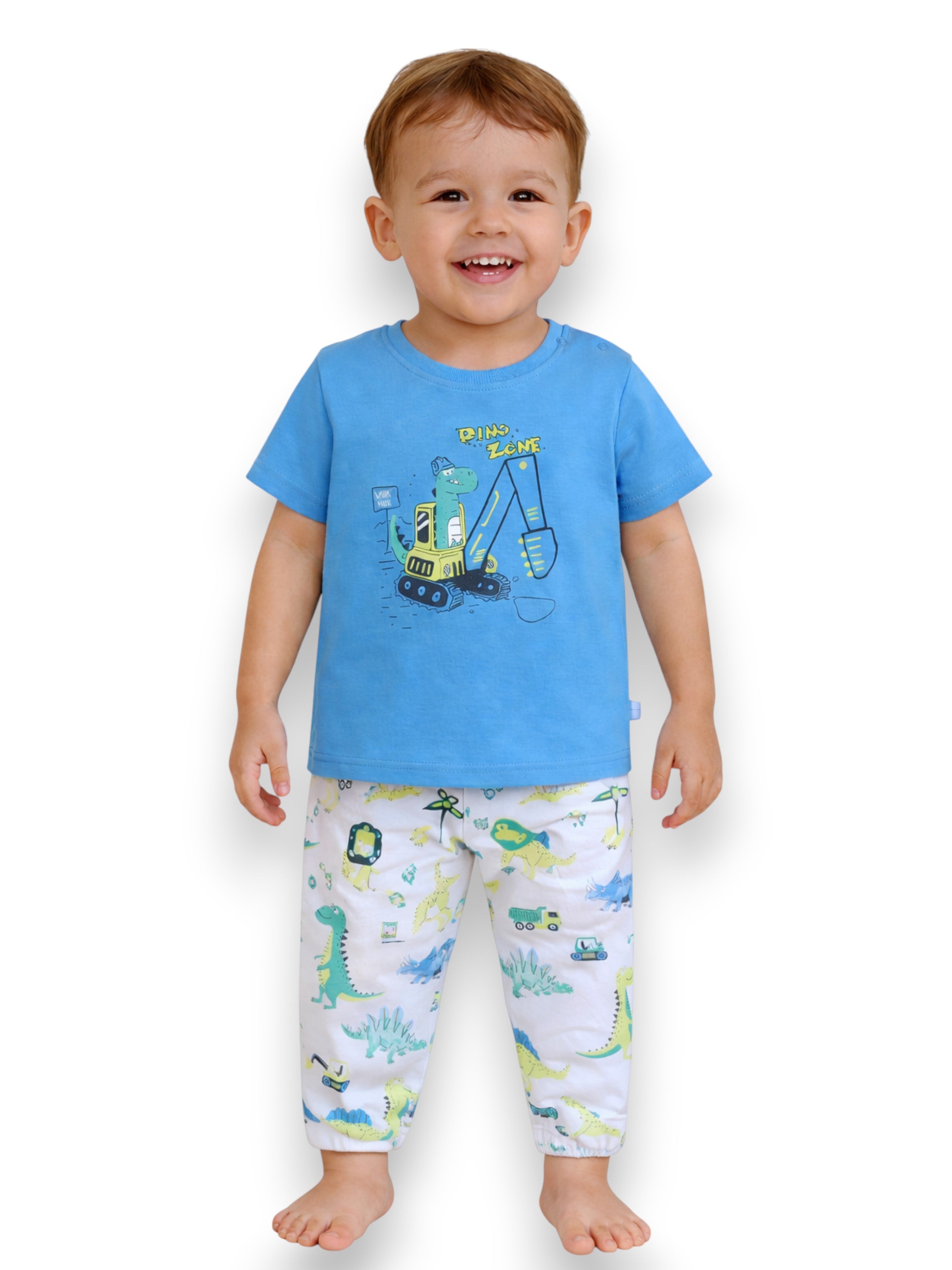 Infant Boys Dinosaur Construction Print Cotton Pajama Set “ T-Shirt & Pajama Pants Nightwear