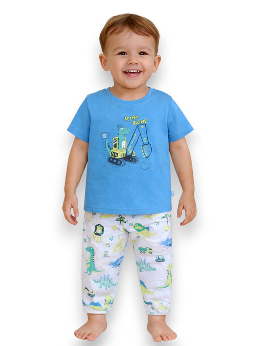 Infant Boys Dinosaur Construction Print Cotton Pajama Set – T-Shirt & Pajama Pants Nightwear