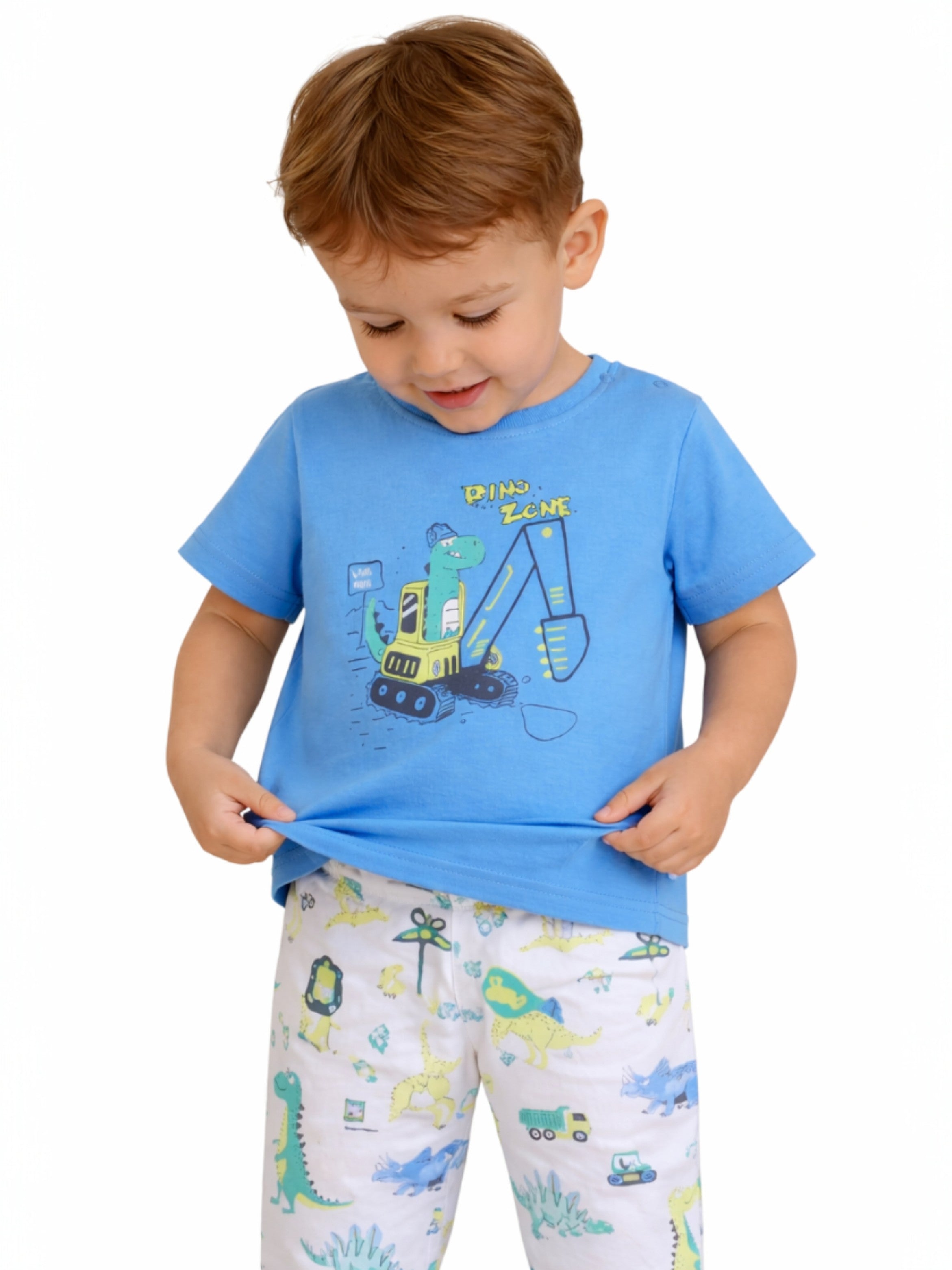 Infant Boys Dinosaur Construction Print Cotton Pajama Set “ T-Shirt & Pajama Pants Nightwear