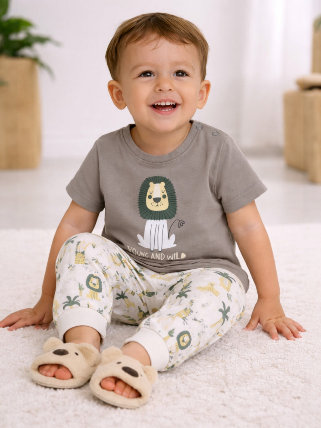 Infant Boys Lion Print Cotton Pajama Set “ T-Shirt & Pajama Pants Nightwear