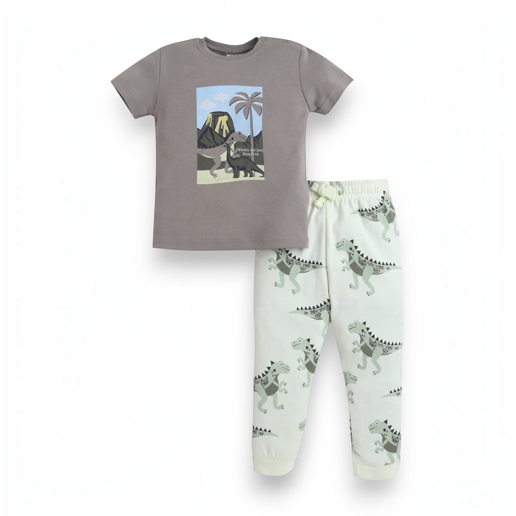 victor and jane baby boys grey t-shirt with dinosaur print and matching light green dinosaur pattern joggers
