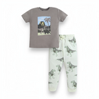 victor and jane baby boys grey t-shirt with dinosaur print and matching light green dinosaur pattern joggers