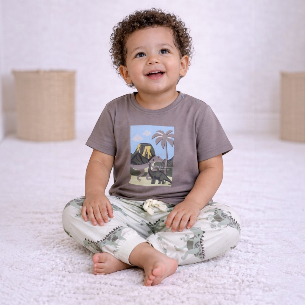 Toddler boy wearing a victor and jane brown t-shirt with a dinosaur and volcano graphic print while sitting on a rug.