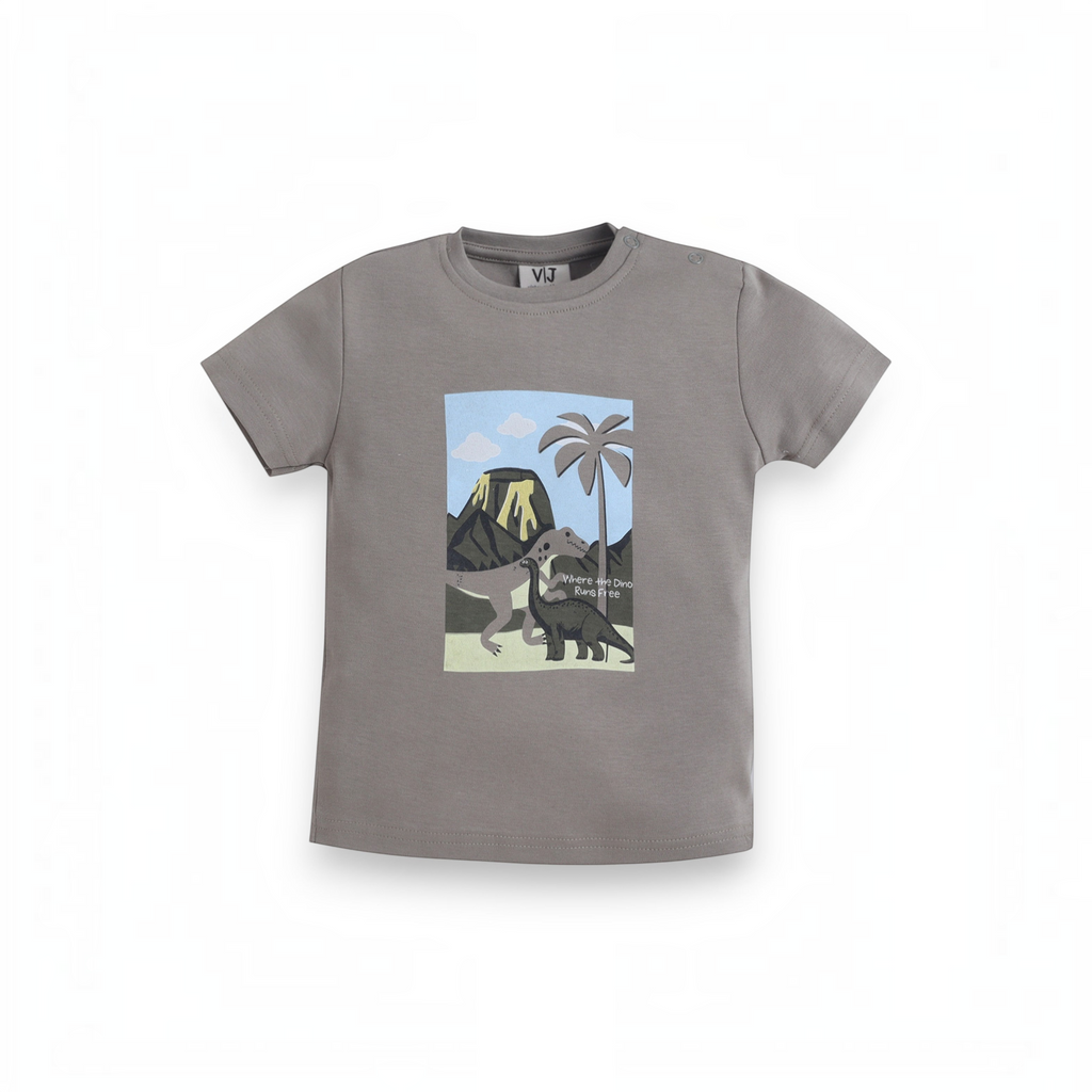 victor and jane baby boys grey cotton t-shirt featuring a dinosaur and volcano graphic print