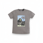 victor and jane baby boys grey cotton t-shirt featuring a dinosaur and volcano graphic print