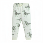 victor and jane baby boys cream joggers featuring a green dinosaur print with an elasticated drawstring waist