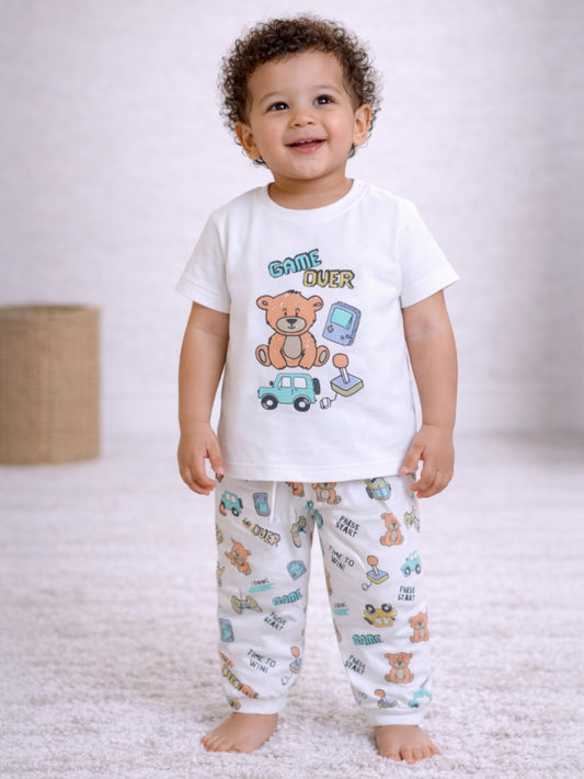 Infant Boys Teddy Bear Print Cotton Pajama Set – T-Shirt & Pajama Pants Nightwear