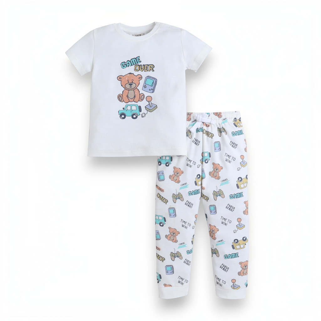 victor and jane baby boys white cotton t-shirt and pants set with gamer teddy bear and joystick print