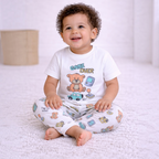 victor and jane baby boy wearing a white short-sleeve t-shirt with a playful bear and game console print