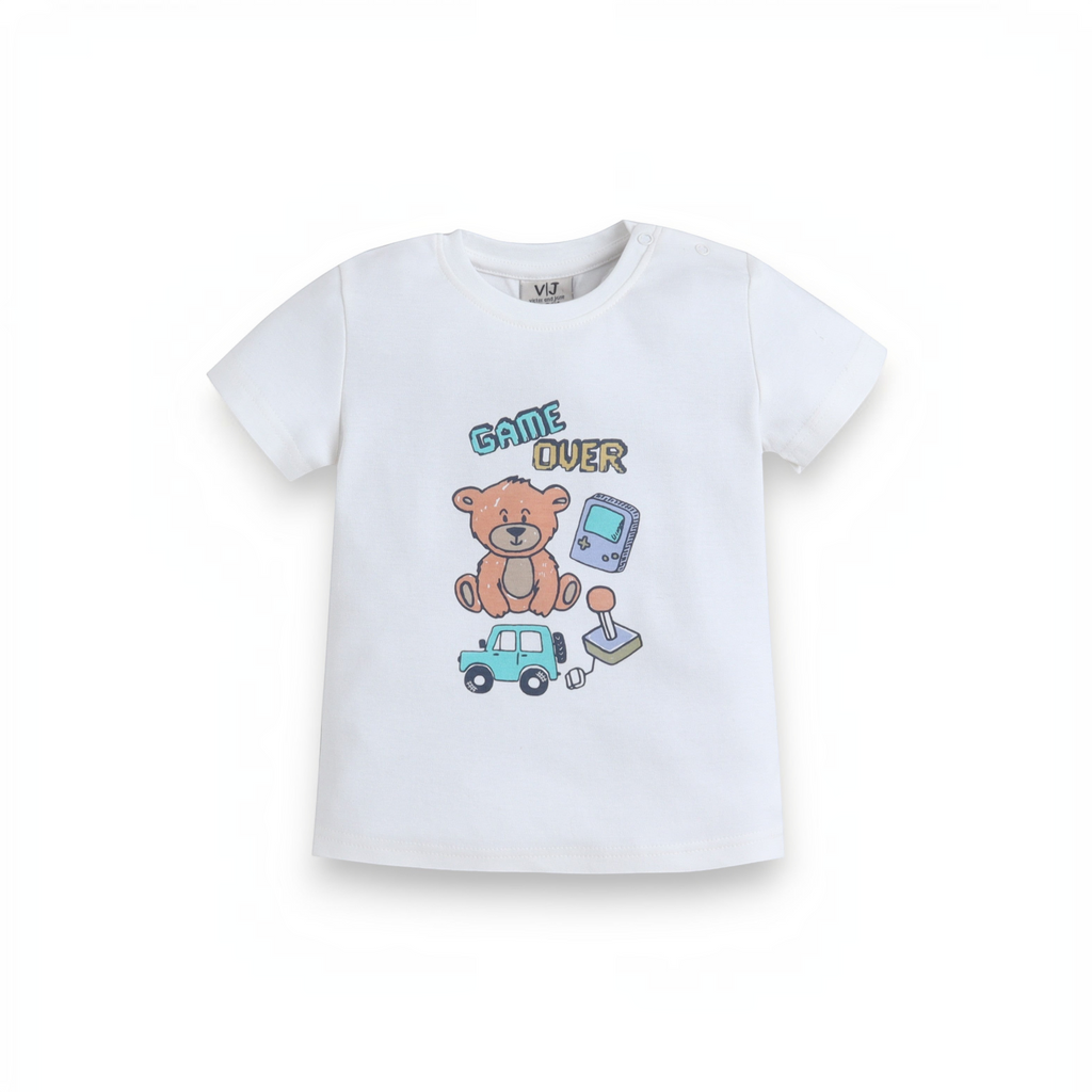 victor and jane white baby boys t-shirt featuring a playful bear, toy car, and game over graphic print