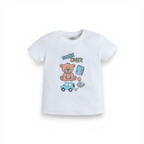 victor and jane white baby boys t-shirt featuring a playful bear, toy car, and game over graphic print