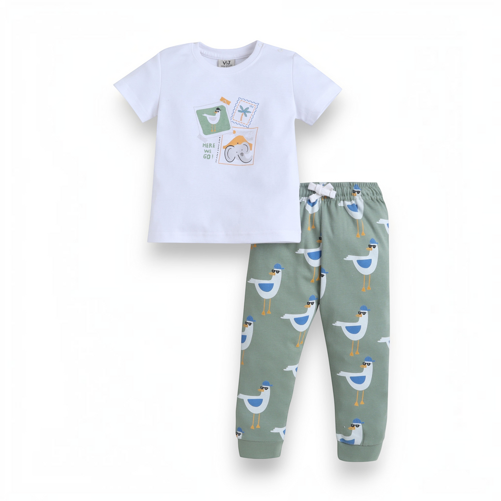 victor and jane baby boys white t-shirt with graphic print and sage green joggers featuring a seagull pattern