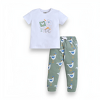 victor and jane baby boys white t-shirt with graphic print and sage green joggers featuring a seagull pattern