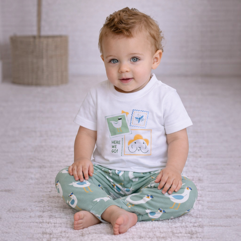 victor and jane baby boy wearing a white graphic t-shirt with a seagull print and matching green patterned pants