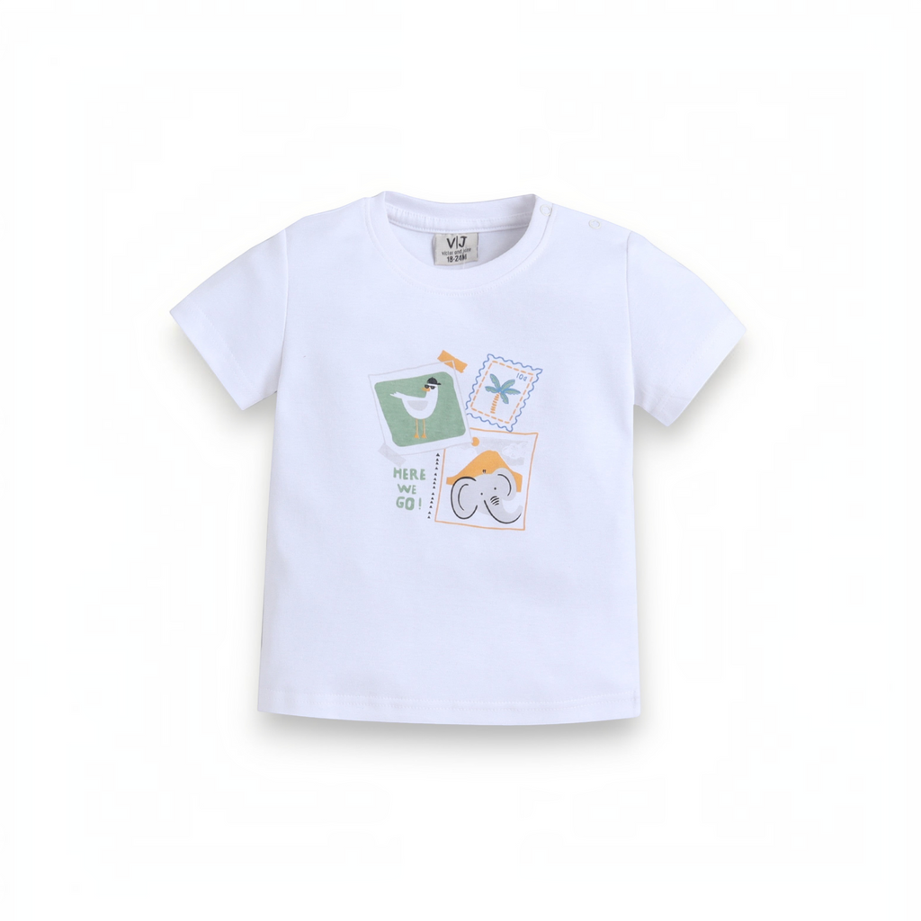victor and jane baby boys white cotton t-shirt with cute travel-themed graphic prints and shoulder snap buttons