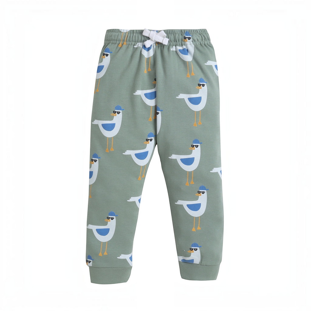 victor and jane baby boys sage green joggers featuring a playful seagull print with sunglasses and blue hats