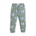 victor and jane baby boys sage green joggers featuring a playful seagull print with sunglasses and blue hats