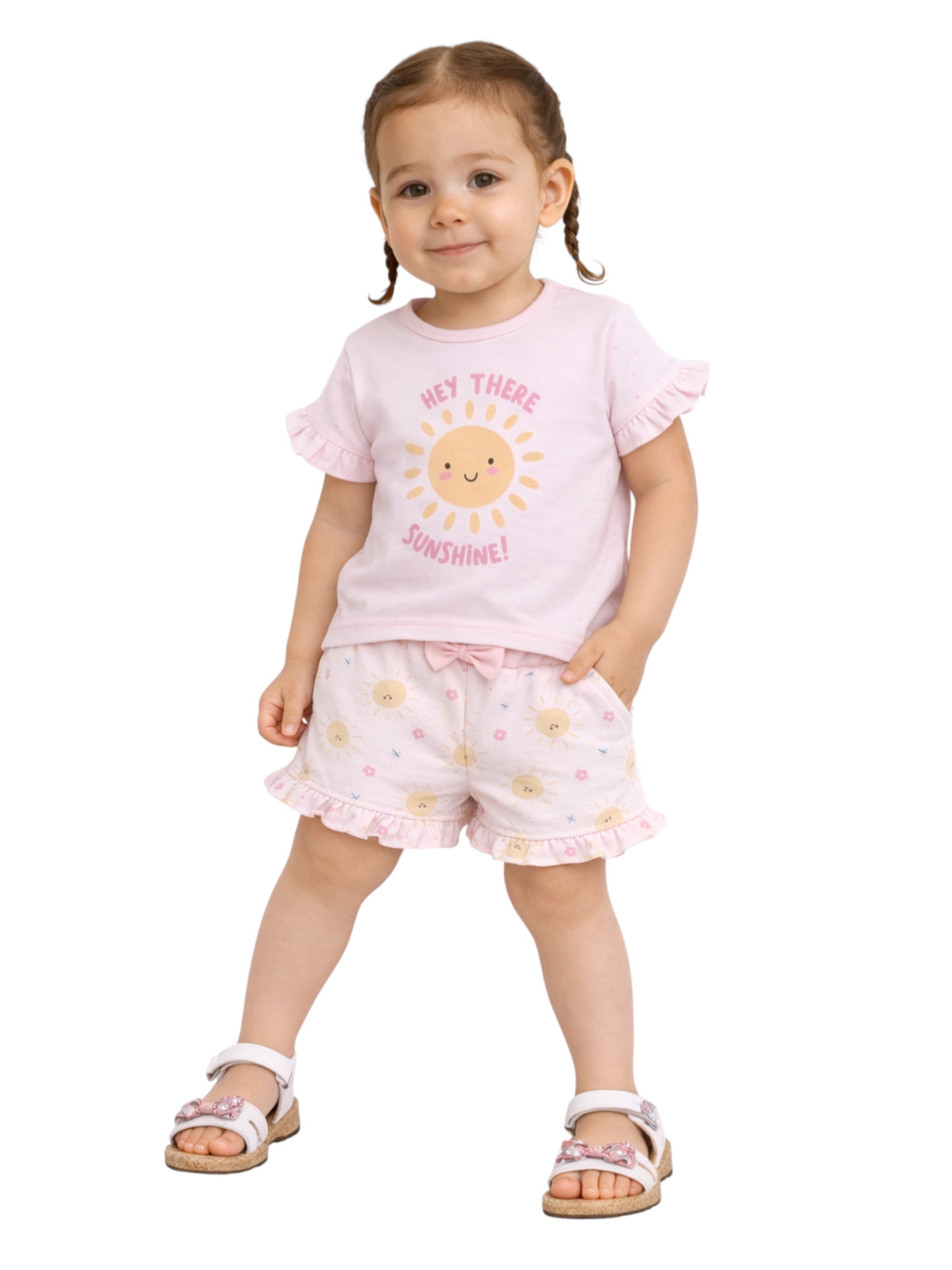 Infant Girls’ 2-Piece Set “ Sunshine Slogan Top & Floral Ruffle Shorts