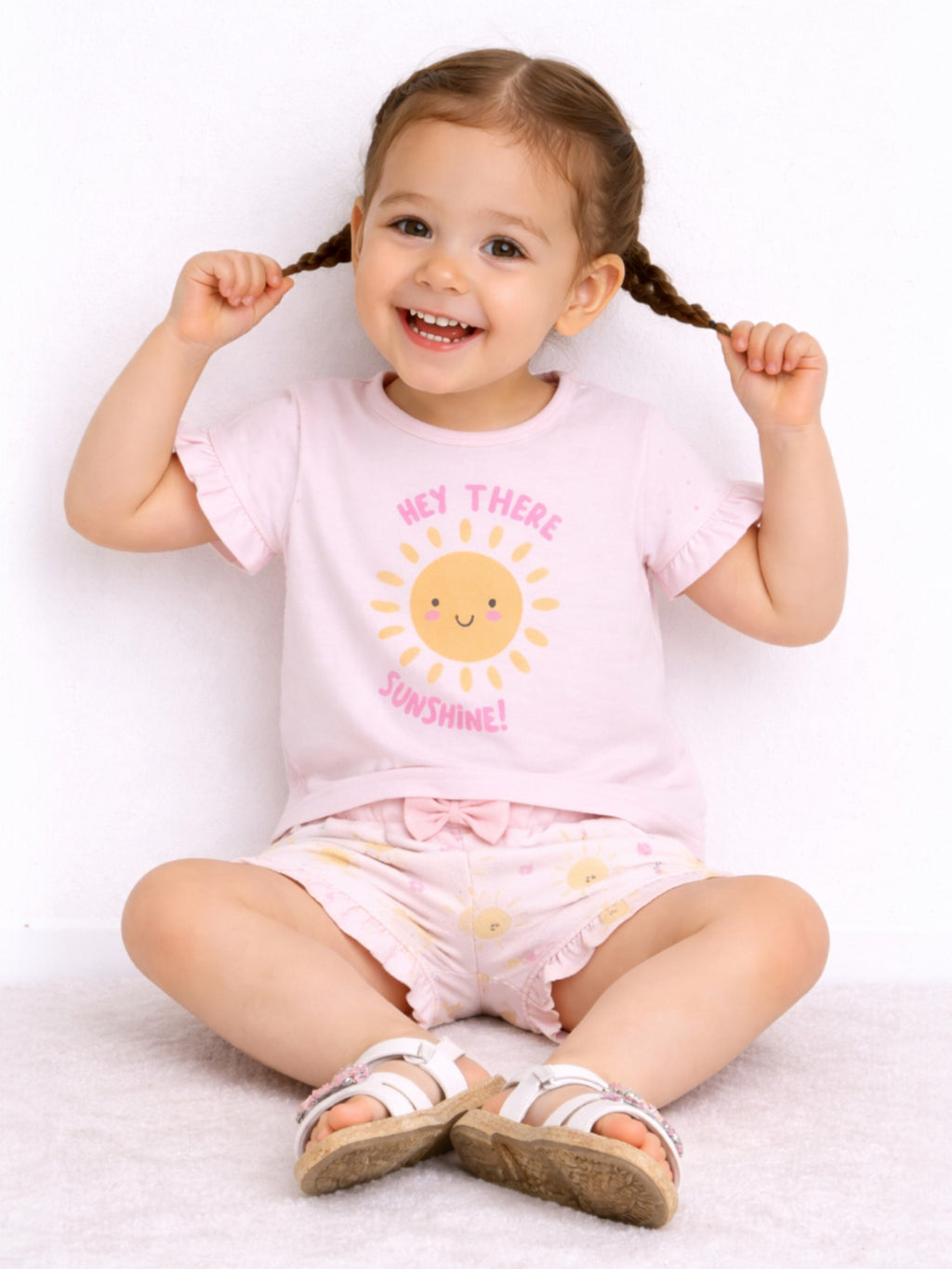 Infant Girls’ 2-Piece Set “ Sunshine Slogan Top & Floral Ruffle Shorts