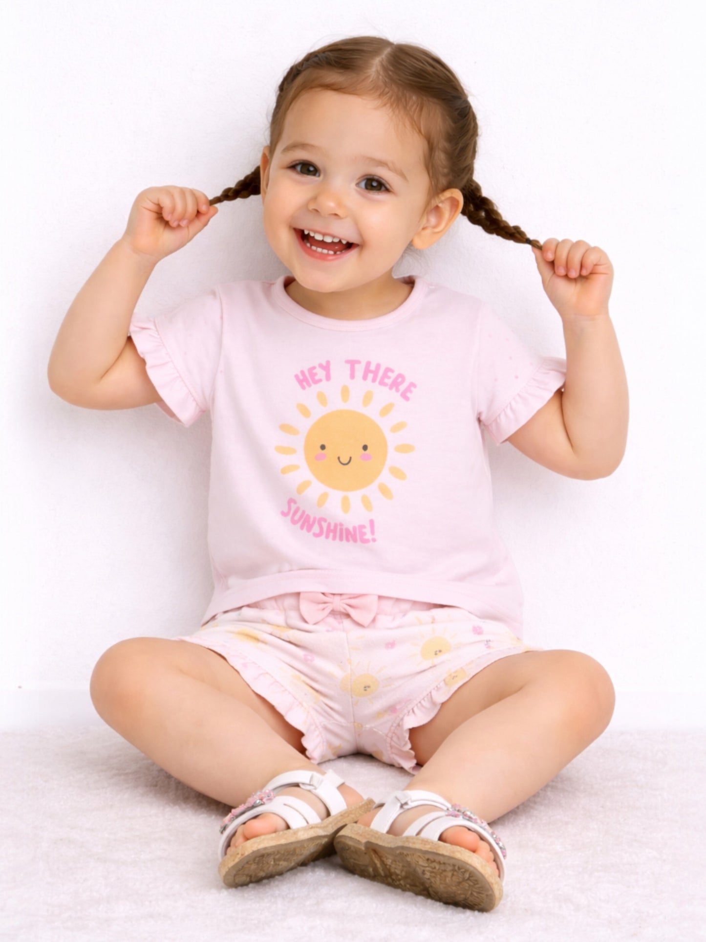Infant Girls’ 2-Piece Set – Sunshine Slogan Top & Floral Ruffle Shorts