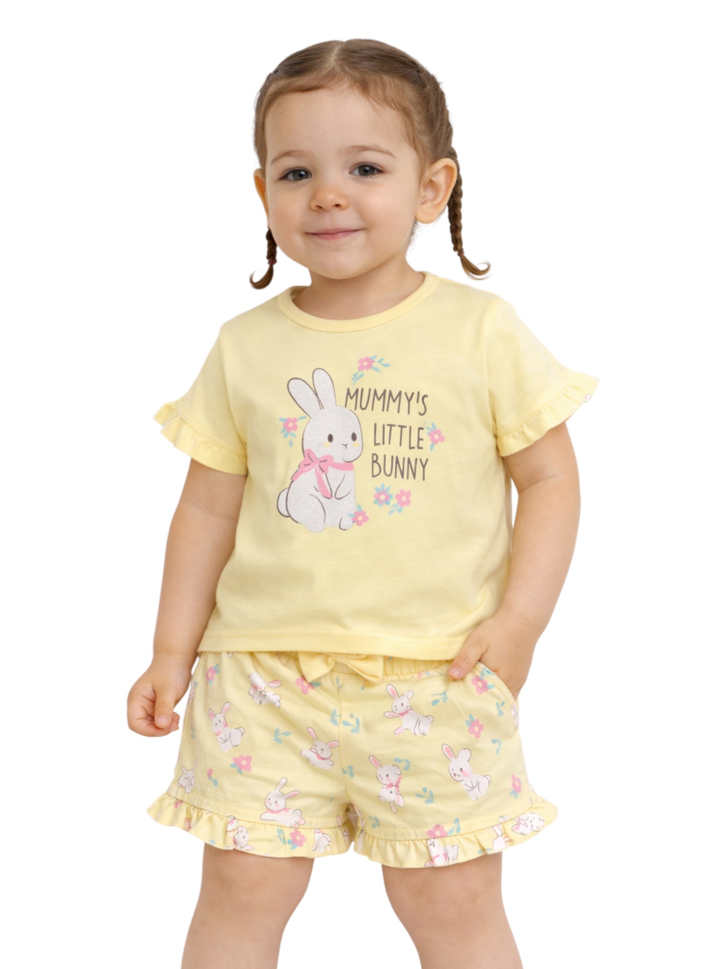 Infant Girls’ 2-Piece Set – Bunny Graphic Top & Floral Ruffle Shorts