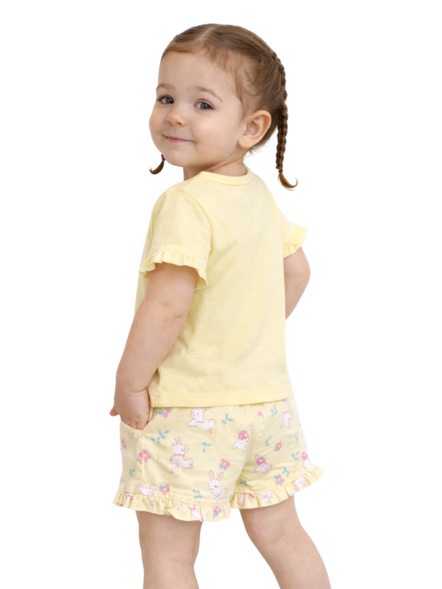 Infant Girls’ 2-Piece Set – Bunny Graphic Top & Floral Ruffle Shorts