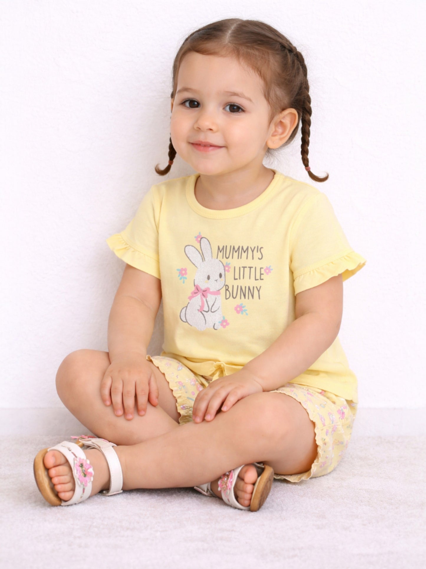 Infant Girls’ 2-Piece Set – Bunny Graphic Top & Floral Ruffle Shorts