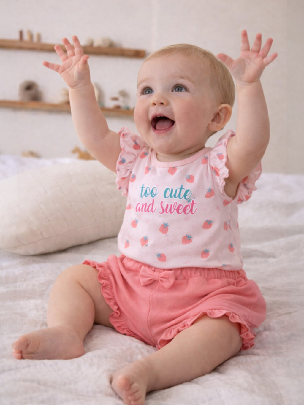 Infant Girls’ 2-Piece Set “ Œso Cute And Sweet” Puff Sleeve Top & Ruffle Shorts