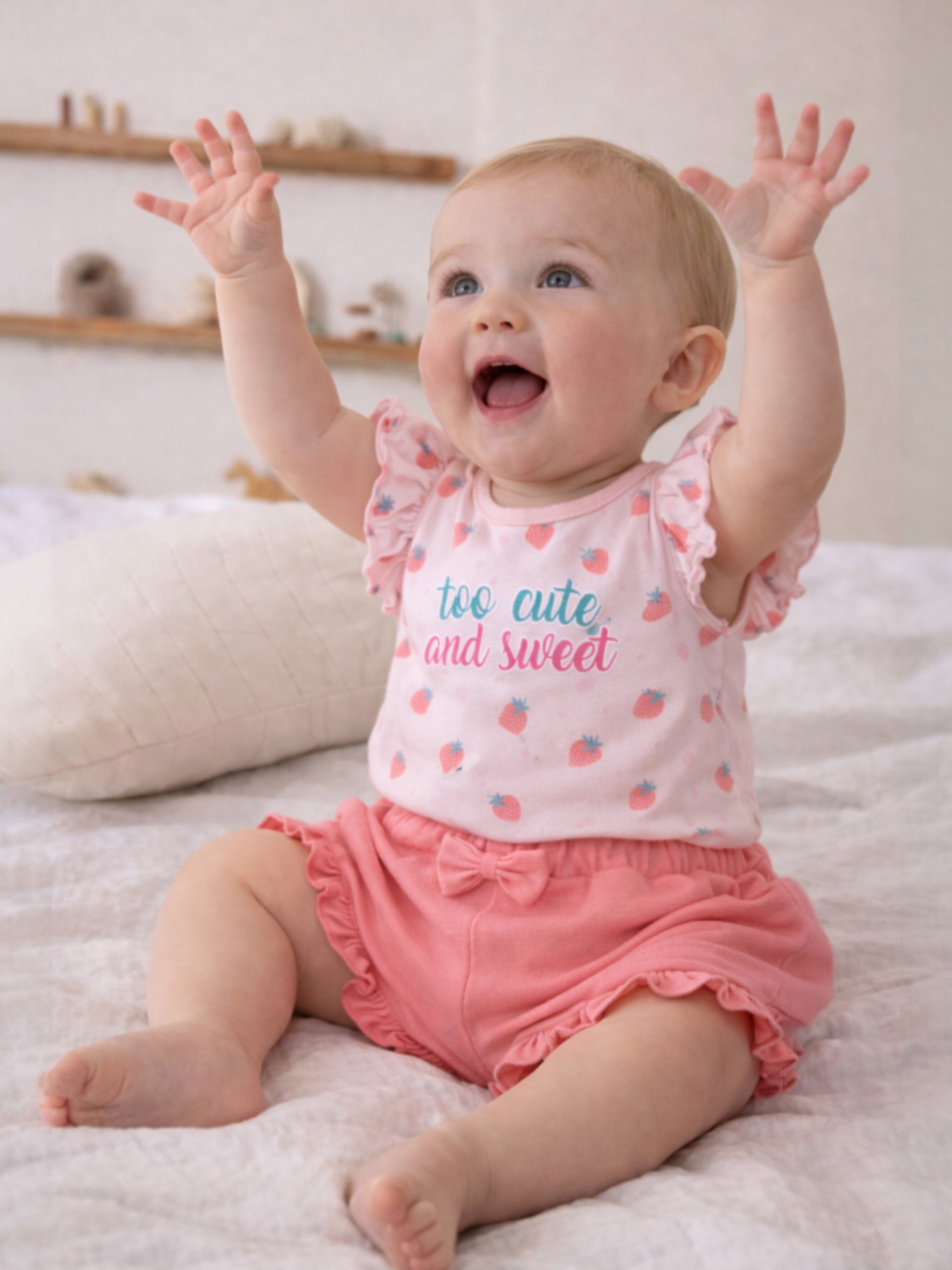 Infant Girls’ 2-Piece Set “ Œso Cute And Sweet” Puff Sleeve Top & Ruffle Shorts