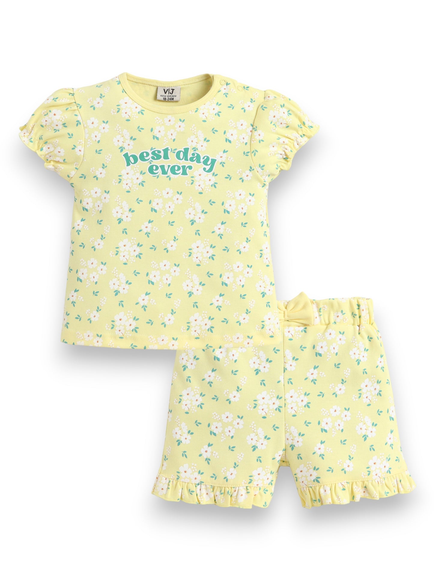 Infant Girls’ 2-Piece Set – “Best Day Ever” Puff Sleeve Top & Ruffle Shorts