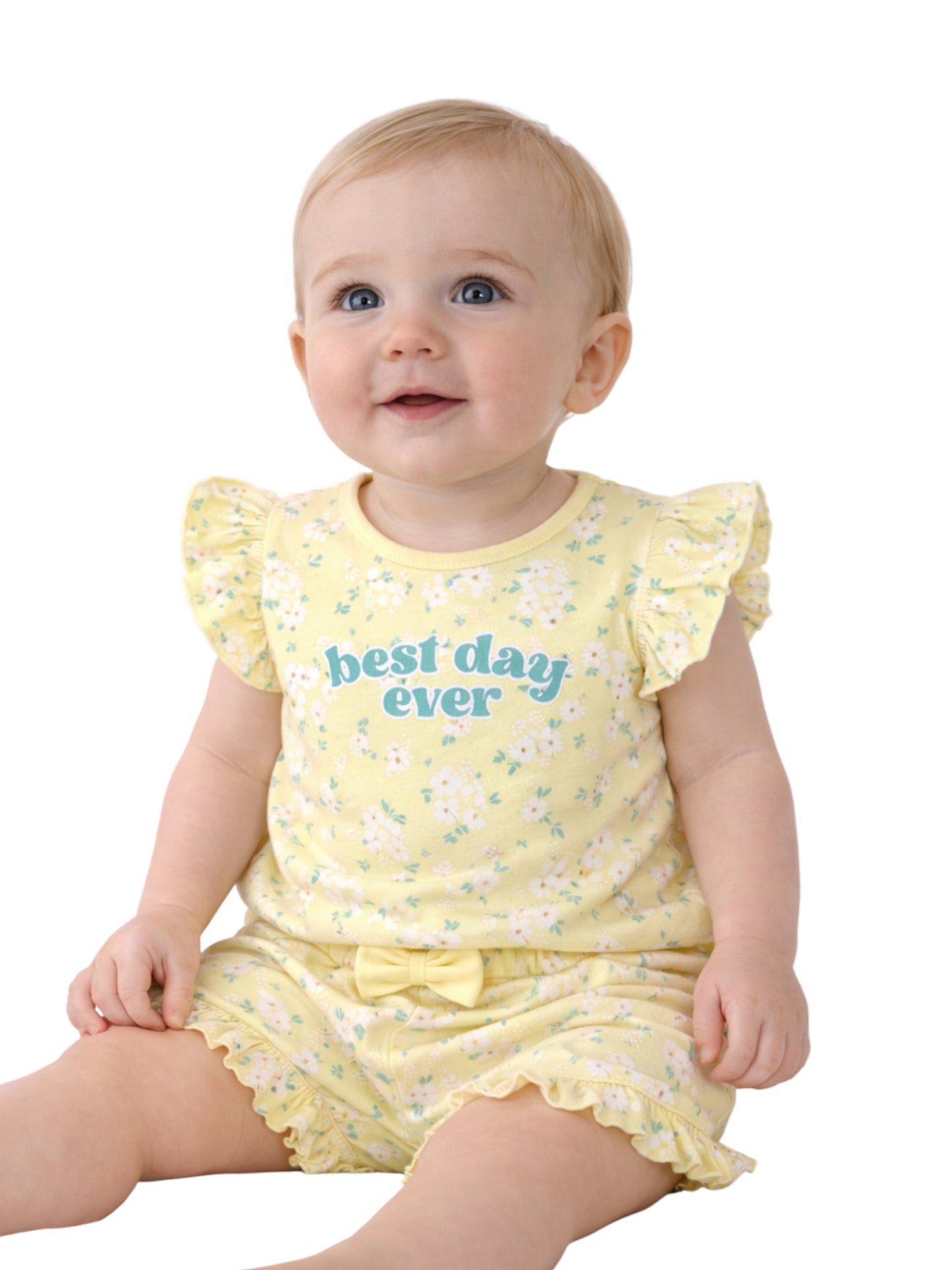 Infant Girls’ 2-Piece Set – “Best Day Ever” Puff Sleeve Top & Ruffle Shorts