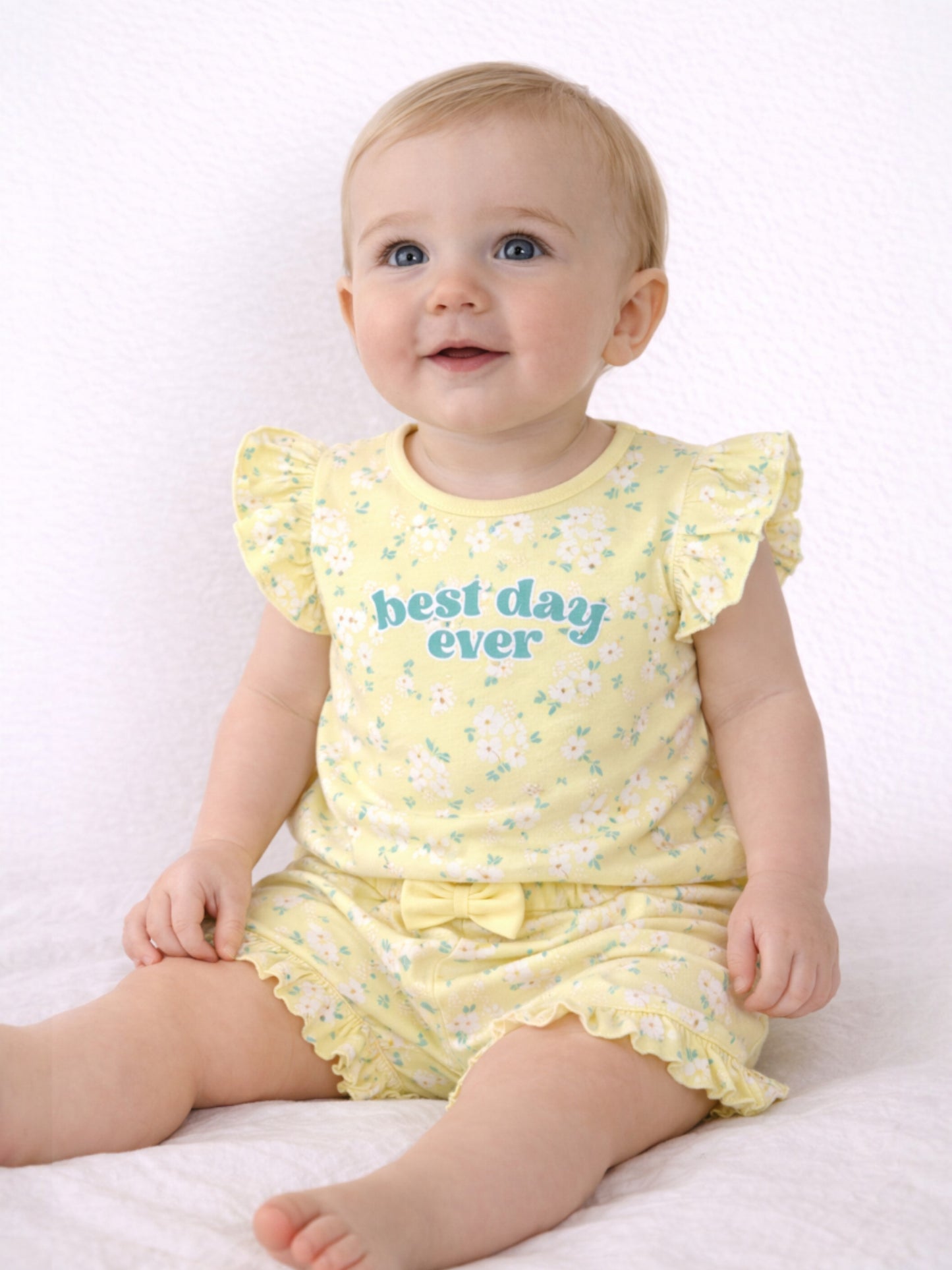 Infant Girls’ 2-Piece Set – “Best Day Ever” Puff Sleeve Top & Ruffle Shorts