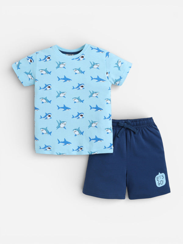 Boys Shark Print Cotton Pajama Set “ T-Shirt & Shorts Nightwear