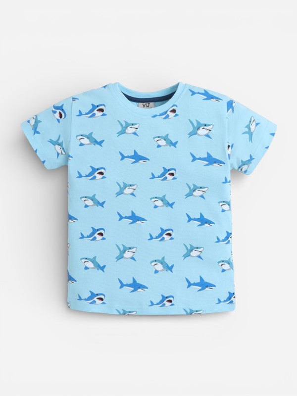 Boys Shark Print Cotton Pajama Set “ T-Shirt & Shorts Nightwear