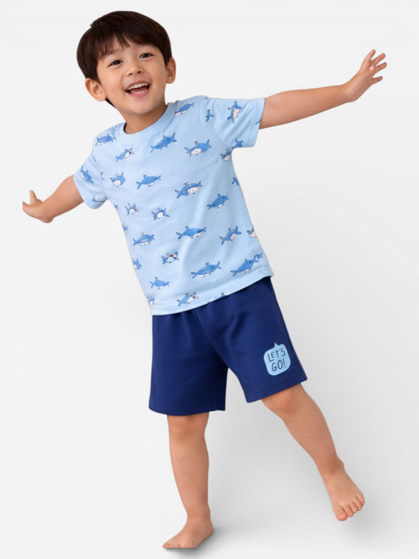 Boys Shark Print Cotton Pajama Set “ T-Shirt & Shorts Nightwear