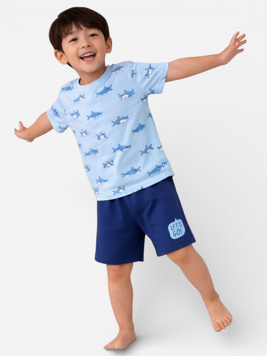 Boys Shark Print Cotton Pajama Set – T-Shirt & Shorts Nightwear