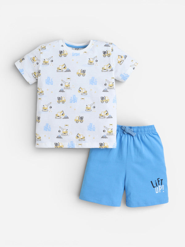 Boys Construction Vehicle Print Cotton Pajama Set “ T-Shirt & Shorts Nightwear