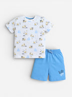 Boys Construction Vehicle Print Cotton Pajama Set “ T-Shirt & Shorts Nightwear