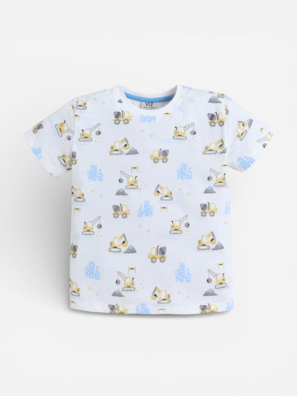 Boys Construction Vehicle Print Cotton Pajama Set “ T-Shirt & Shorts Nightwear